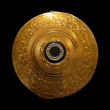 Vintage Kigu Gold-Tone Floral Engraved  Compact – Black Cabochon & Rhinestones picture