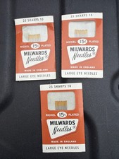 3Vintage Milwards Large Eye Hand Sewing Needles Size 10 (25 Sharps) Nickel-Plate picture
