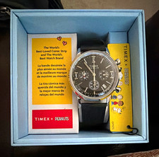 Timex Marlin x Peanuts Chronograph Date Black Dial Black Leather Strap w/Box picture