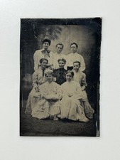 Antique Tintype 9 Women Victorian Group Portrait Dresses 1/6 Plate picture