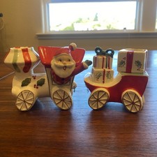 Vintage Napco ceramic Santa Clause Train Christmas Candle Holder 2-piece set picture