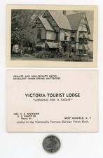 (2) Vtg 1930s BUSINESS CARDS - VICTORIA Tourist Lodge / Wickwire West Enfield NY picture