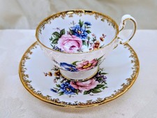 Vintage Aynsley Teacup Saucer Set Pink Cabbage Rose Mixed Floral Pedestal Gold picture