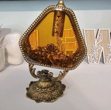 UNIQUE RARE VINTAGE ORMOLU PERFUME BOTTLE FILIGREE AMBER GLASS HOLLYWOOD REGENCY picture