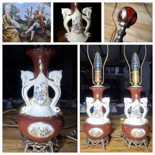 Vintage Pair Porcelain Victorian Horse Lamps Paul Chilo Red Glass Ball Final picture