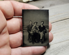 Antique Tintype Photo Beach Ocean Backdrop Men Boy Derby Bowler Hats Seaside picture