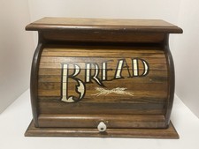 Vintage Antique Dark Wood Wooden Roll Top Bread Box with “BREAD” Lettering picture