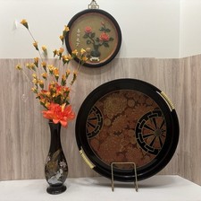 Vintage Asian Lot Black Lacquer Orange Gold Tray Vase Wall Art Decor Japan picture