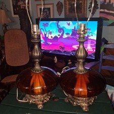 Vintage 1970s EF & EF Industries Amber Glass Lamps With Internal Night Lights picture