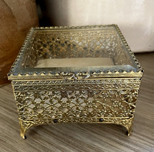 VTG Hollywood Regency Gold Filigree Jewelry Box Casket Beveled Glass Ormolu picture