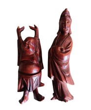 Hand Carved Wooden Buddha & Guanyin Style Figurines Asian Folk Art Pair 4-4.5