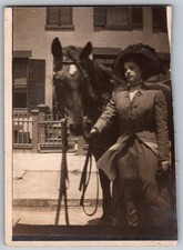 Vtg B&W Snapshot Edwardian Woman in Hat Holding Horse Bridle Town House 1910s picture