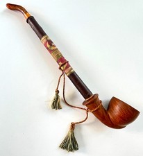Antique Turkish Hand-Carved Briar Wood Pipe Amber Mouthpiece 10-1/2