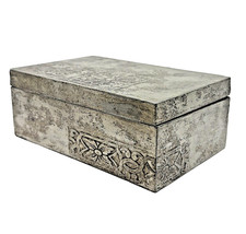 VTG Hinged Spanish jewelry or keepsake box Silver Tone Distressed Metal Overlay picture