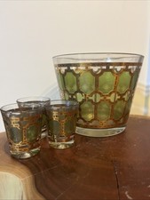Culver 1960s Glass Bucket 22k Gold & Green Geometric + 3 Shot Glasses picture