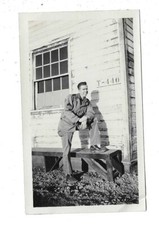 VTG B&W Found Photo Snapshot Handsome Military Man in Uniform Outside Building picture