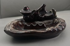 Vtg Mid Century Ceramic Siesta Man Sombrero Guitar Ashtray Brown Drip Glaze picture