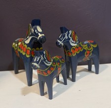 Vtg Nils Olsson Blue Dala Horse Set of 3 Swedish Wood Folk Art Labeled 4