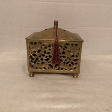 Vintage Mid-Century Brass Lidded Trinket Box Red Jewel Accent. picture