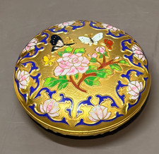 VTG Cloisonne Enamel Round Trinket Box Gold Tone Butterfly Peony Flower Small picture