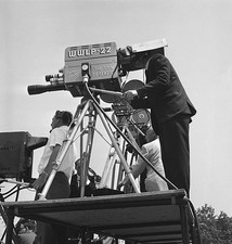 1960s Local television station camera crew outdoors platform filming Old Photo picture