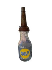 Gulf Glass Oil Bottle w/ Metal Spout Pourer, Gas & Oil Theme Clear Yellow Blue picture