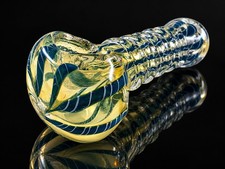 Fumed Glass Tobacco Hand Pipe Blue Swirl Ribbed Art Glass Piece picture