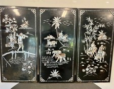 Vintage Asian Black Lacquer Mother of Pearl Inlay Wall Panels Set of 3 Farmers picture