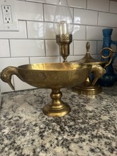 Antique India Brass Oval Bowl Pedestal Plate Decorative with Bird Head Handles picture