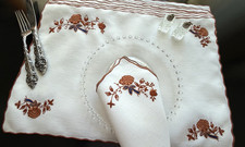 Vintage Madeira Linen Hand Embroidered  Placemats Napkins Set for 6 ( 12 pc ) picture