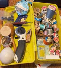 Vintage Wil-Hold Yellow Plastic Sewing Box Tray lot thread notions Darning Egg picture