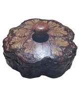 Vintage RARE 2 Piece Lacquered Chrysanthemum Wood Lidded Box W/ Stickers Taiwan picture