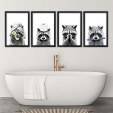 SRSZHIYUE Funny Raccoon Bathroom Wall Decor 16x11 Set of 4 Bathroom Laundry Room picture