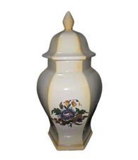🌼 Vintage Hexagonal Ginger Jar w/ Lid 11” Floral Yellow Glaze Classic Decor picture