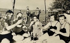 Bikini Women Shirtless Man Picnic Beach 1950s Soviet USSR Vtg Snapshot Photo picture