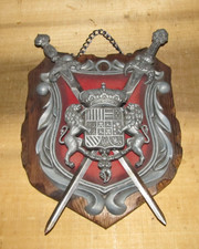 VTG Spanish Coat Of Arms Sword & Shield Wall Plaque Decor Cast Metal & Wood picture