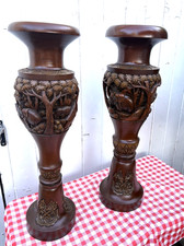 RARE PAIR 3.3 FOOT TALL BIG OLD CHINESE WOOD CARVED VASES ELEPHANTS JUNGLE TREES picture