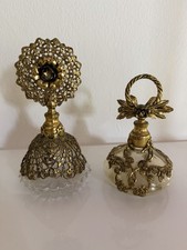 Vintage Set of 2 Gold Ormolu Filigree Perfume Bottles Hollywood Regency Vanity picture