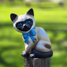 Vintage Siamese Cat Figurine with Bow Blue EyesCute Kitschy Cat Lover Decor 8in picture