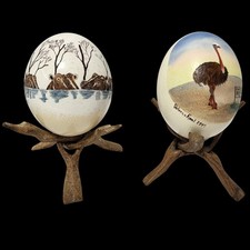 VTG Hand Painted Ostrich Egg Art Hippo Ostrich African Safari Decor with Stands picture