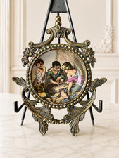 Vintage Western Germany Solid Brass Frame Porcelain Plate Murillo Art Signed picture