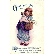 Antique 1905 Greeting Postcard Girl Puppy Dog Basket U. Co. NY Undivided Back picture