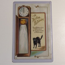 Antique 1914 A Thrilling Halloween Postcard Jack O Lantern Grandfather Clock picture