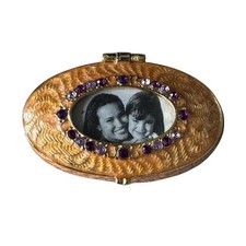Vintage Monet Enameled Oval Pill Box Purple Rhinestone Photo Locket Case picture