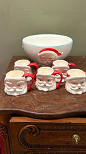 Vintage Santa Claus Figural Ceramic Mug Set 6-Piece w/ Santa Face Bowl White/Red picture