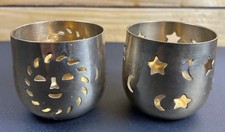 2 Vintage Brass Votive Candleholder Celestial Moons Stars Sun Cut Out Design picture
