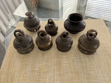 Antique Vintage Bronze Brass Elephant Livestock Cow Bells & Metal Vessel Pot Lot picture