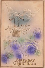 1914 Embossed Birthday Greetings Postcard Bird Flower Basket Roses Ohio Postmark picture