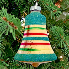 Shiny Brite Candy Color Blue Mica Striped Glass Bell Ornament USA 1950s Vintage picture