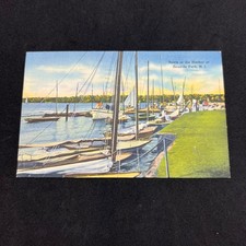 Vintage Seaside Park NJ Boats in Harbor Linen Postcard 1944 Tichnor New Jersey picture